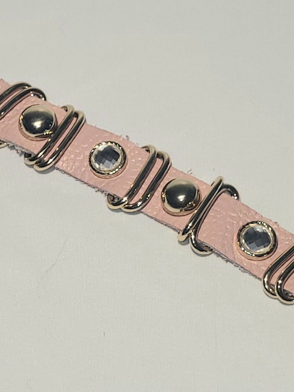Pink Leather Bracelet With Gold-tone Studs And Crystal Accents
